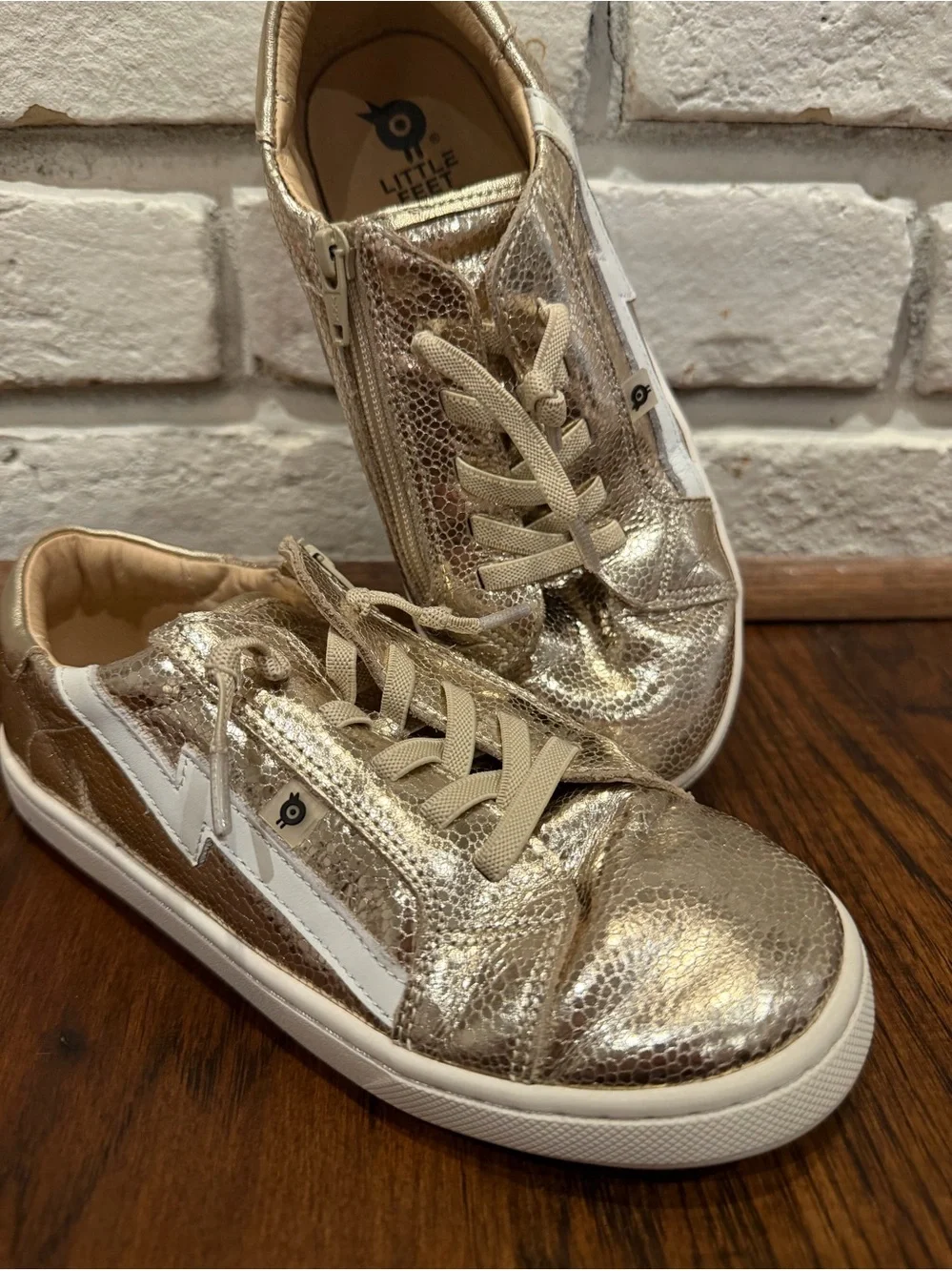 Girls Metallic Gold Lace-Up Sneakers with White Accent